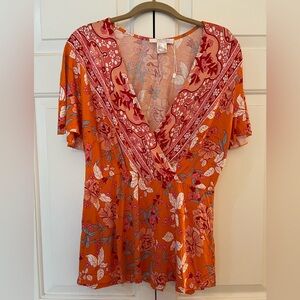Lascana for Venus Floral V-Neck Blouse - Orange and Red NWOT Size L